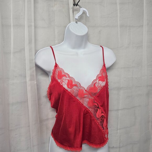 Vintage Legends Tank Y2K Cami Red Lace Satin Floral Sheer Retro M - Picture 2 of 9